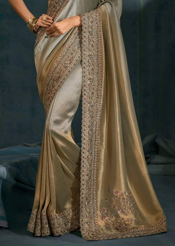 Stone Grey Banarasi Silk Saree with Zardosi, Thread, Cut Dana & Moti Work