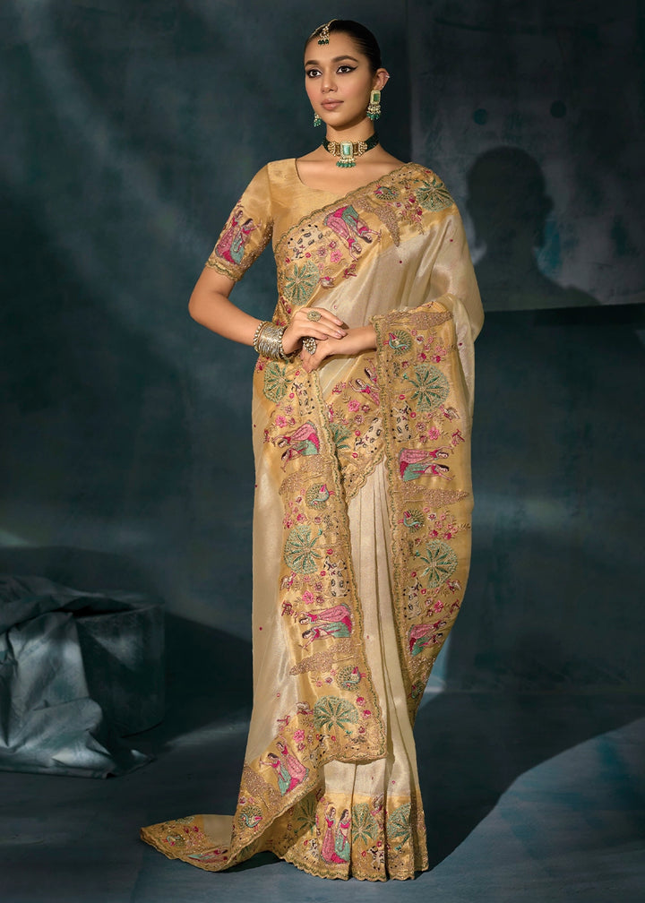 Cream White Banarasi Silk Saree with Jari, Thread, Cut Dana & Moti Work