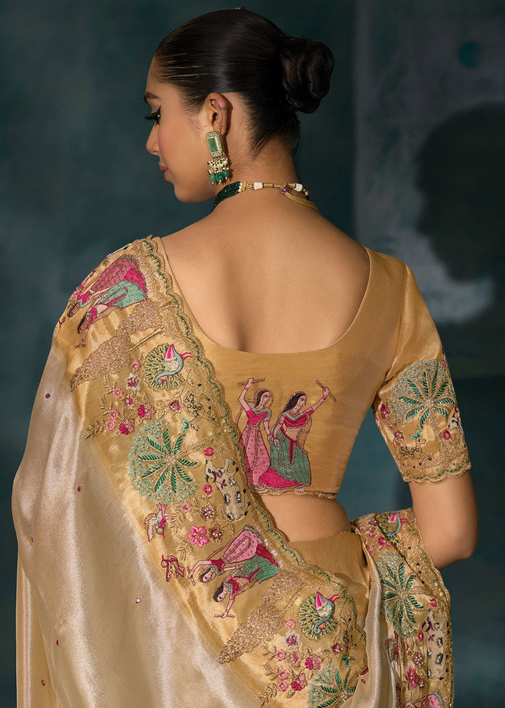 Cream White Banarasi Silk Saree with Jari, Thread, Cut Dana & Moti Work