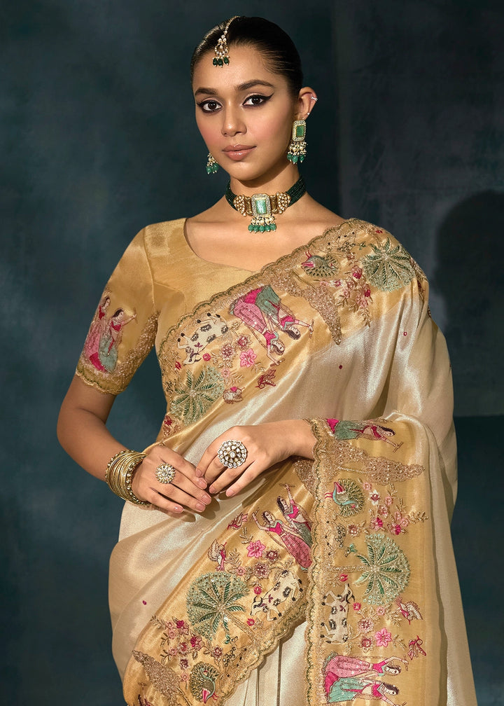 Cream White Banarasi Silk Saree with Jari, Thread, Cut Dana & Moti Work