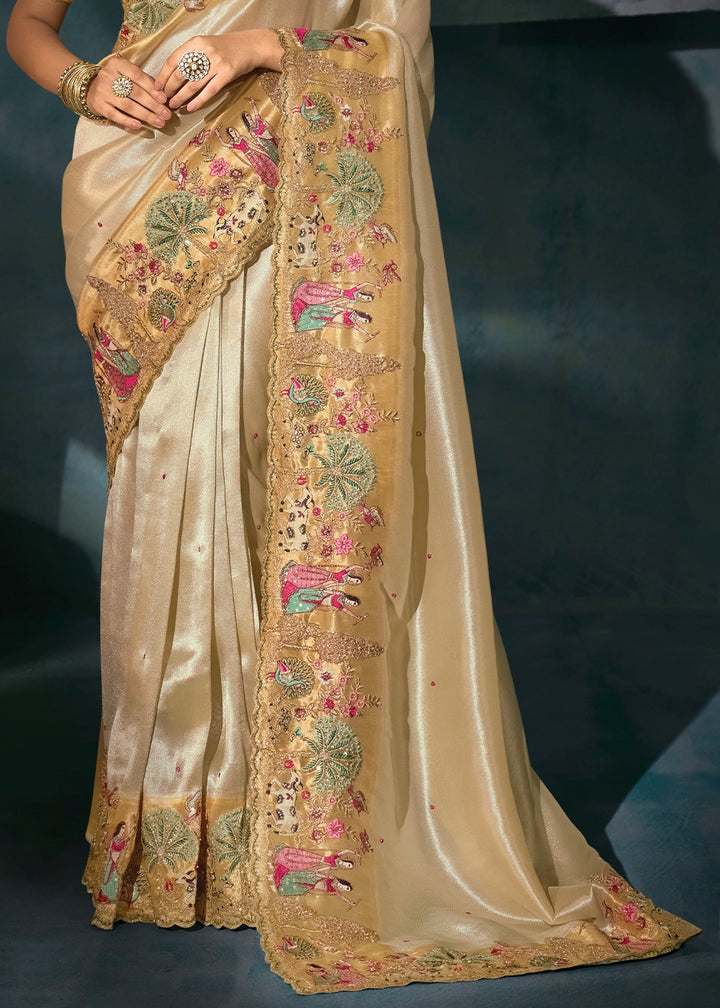 Cream White Banarasi Silk Saree with Jari, Thread, Cut Dana & Moti Work
