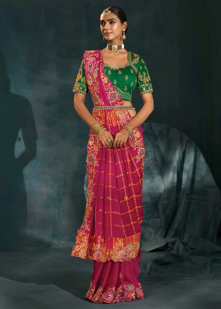 Ruby Pink Banarasi Silk Saree with Jari, Thread, Cut Dana & Moti Work