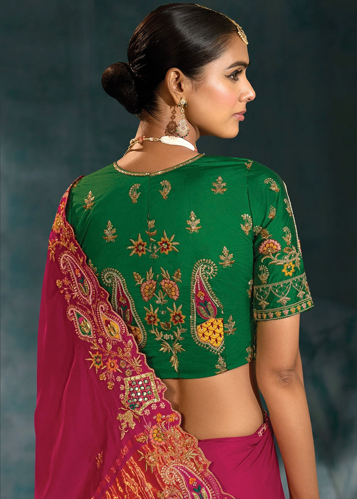 Ruby Pink Banarasi Silk Saree with Jari, Thread, Cut Dana & Moti Work