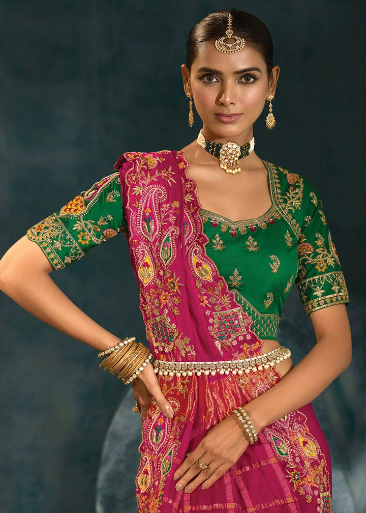 Ruby Pink Banarasi Silk Saree with Jari, Thread, Cut Dana & Moti Work