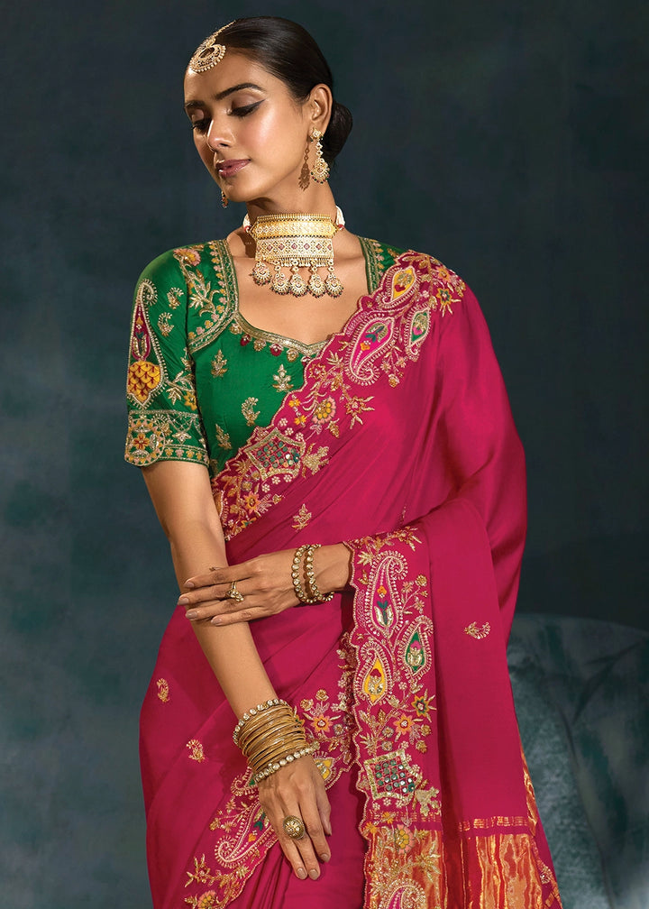 Ruby Pink Banarasi Silk Saree with Jari, Thread, Cut Dana & Moti Work