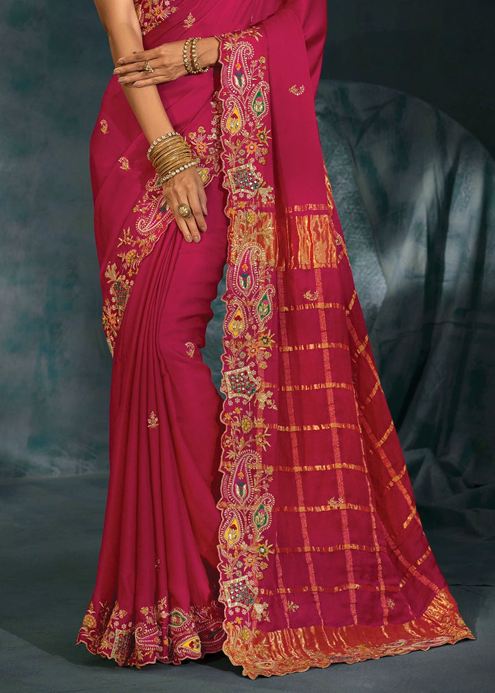 Ruby Pink Banarasi Silk Saree with Jari, Thread, Cut Dana & Moti Work