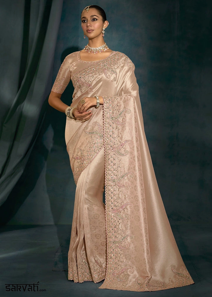 Light Rose Gold Banarasi Silk Saree with Jari, Thread, Zarkan & Moti Work