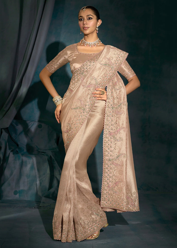 Light Rose Gold Banarasi Silk Saree with Jari, Thread, Zarkan & Moti Work