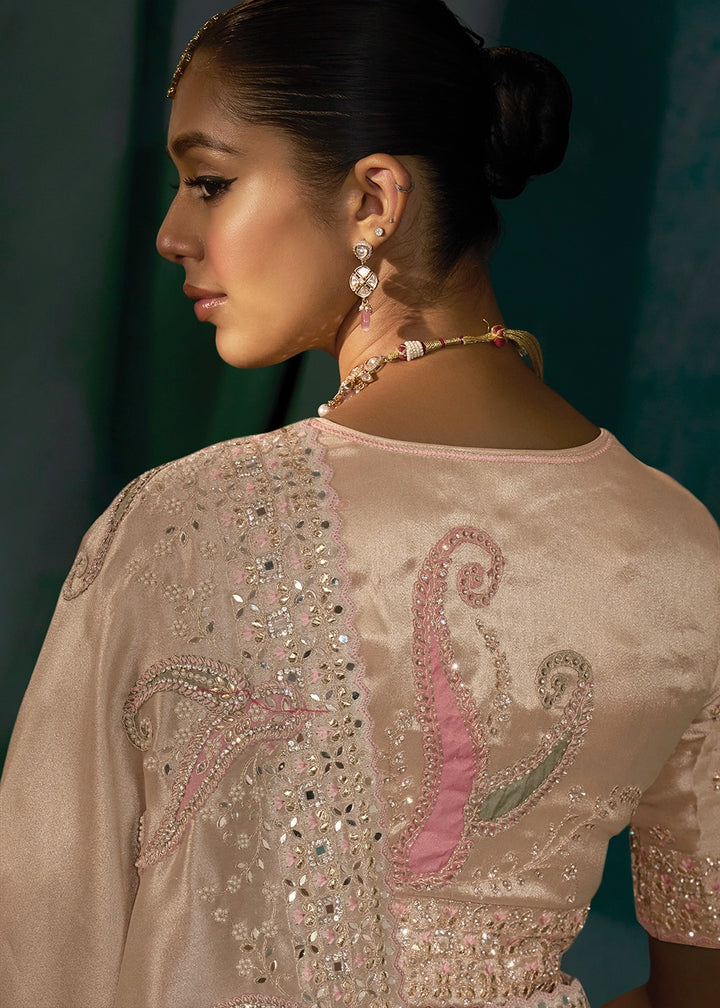 Light Rose Gold Banarasi Silk Saree with Jari, Thread, Zarkan & Moti Work