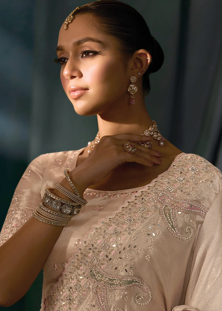 Light Rose Gold Banarasi Silk Saree with Jari, Thread, Zarkan & Moti Work