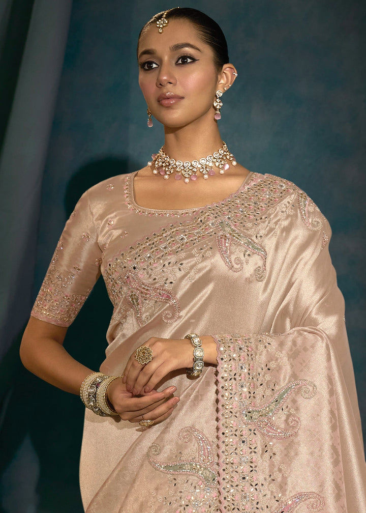 Light Rose Gold Banarasi Silk Saree with Jari, Thread, Zarkan & Moti Work