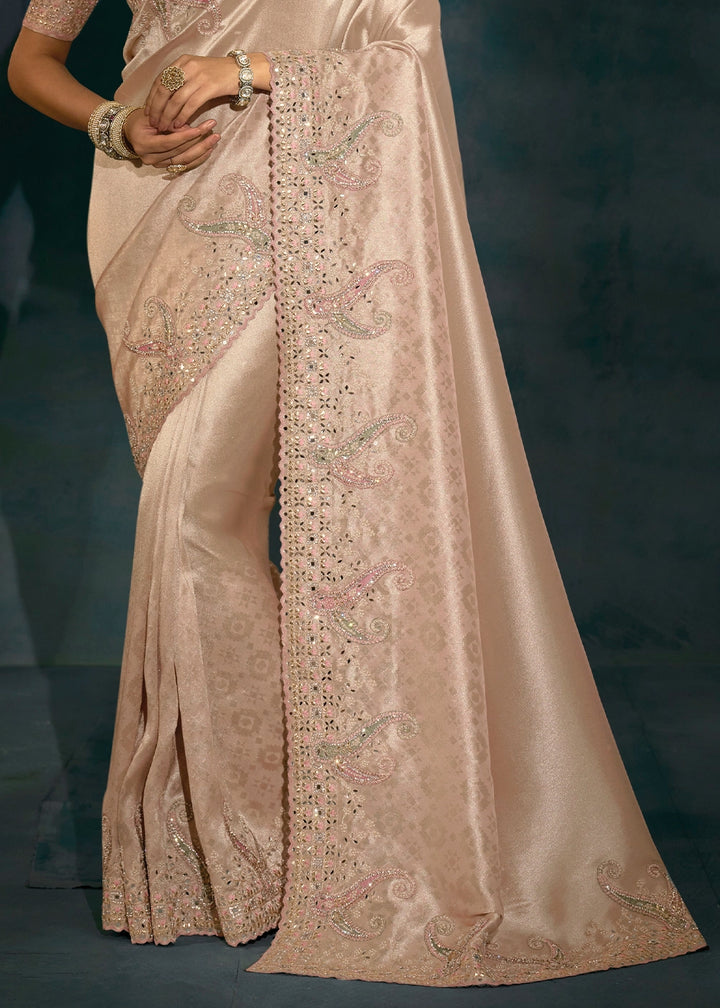 Light Rose Gold Banarasi Silk Saree with Jari, Thread, Zarkan & Moti Work