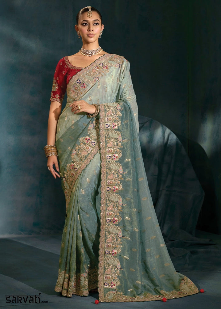 Shades Of Blue Crepe Saree with Jari, Thread, Cut Dana & Moti Work