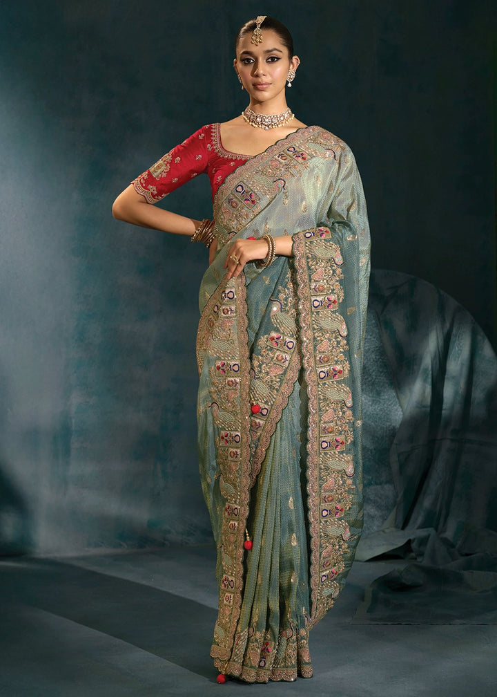 Shades Of Blue Crepe Saree with Jari, Thread, Cut Dana & Moti Work