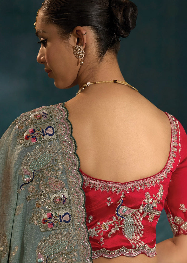 Shades Of Blue Crepe Saree with Jari, Thread, Cut Dana & Moti Work