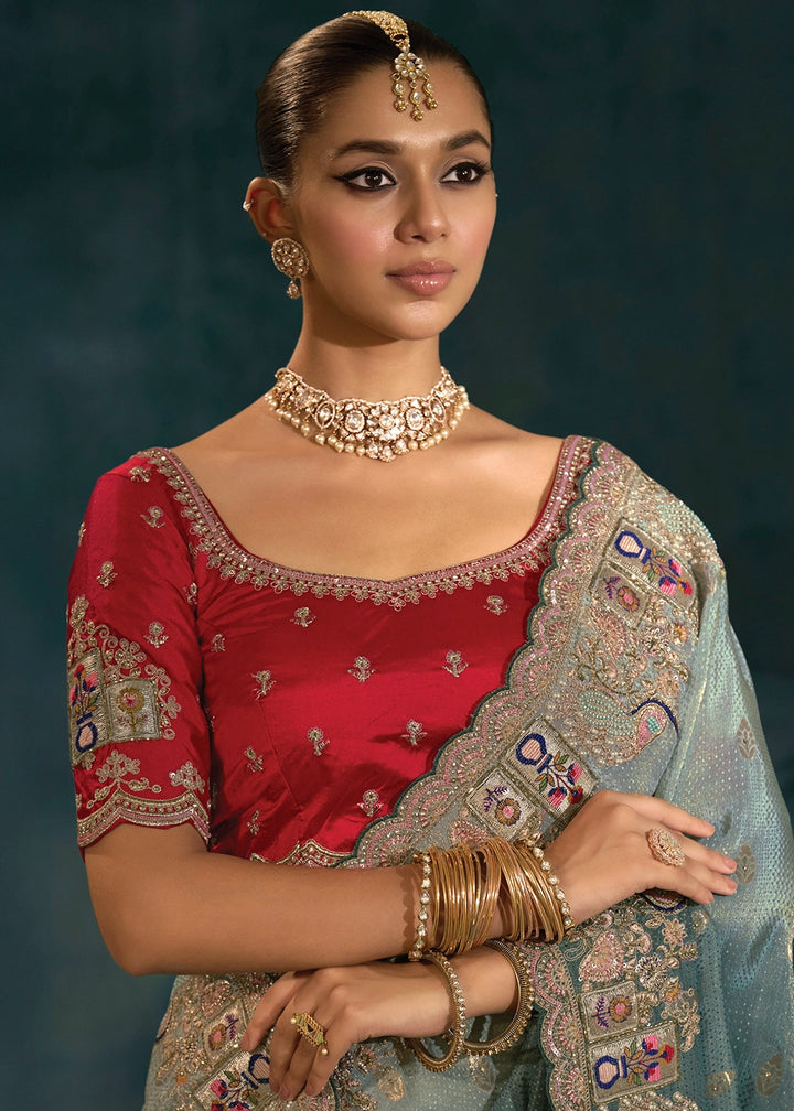 Shades Of Blue Crepe Saree with Jari, Thread, Cut Dana & Moti Work