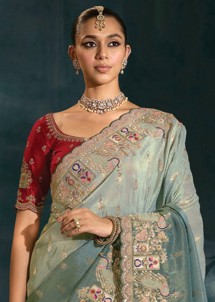 Shades Of Blue Crepe Saree with Jari, Thread, Cut Dana & Moti Work