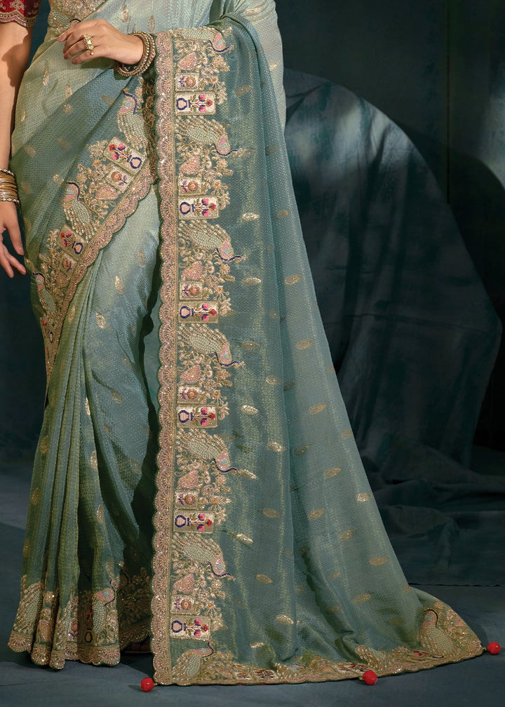 Shades Of Blue Crepe Saree with Jari, Thread, Cut Dana & Moti Work