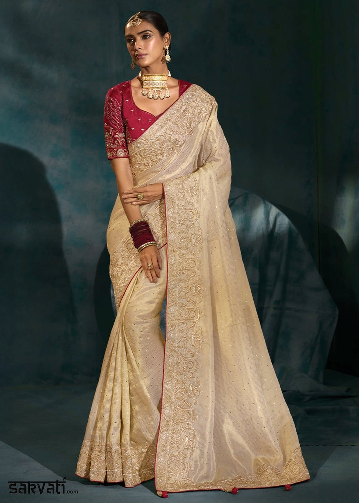 Cream White Banarasi Silk Saree with Jari, Mukesh, Cut Dana & Moti Work
