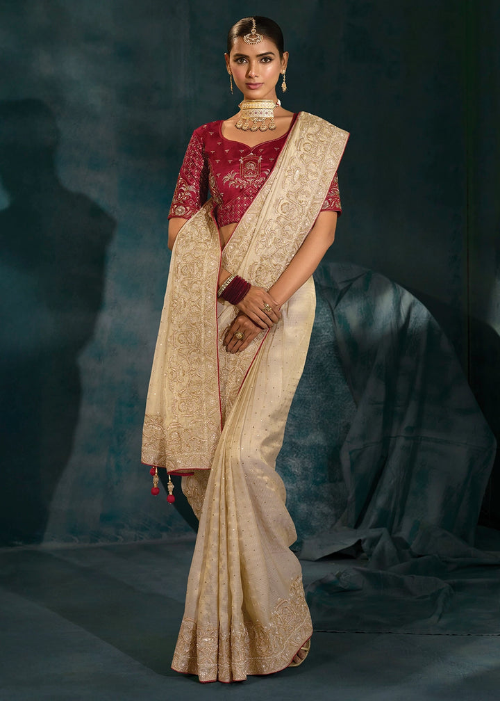 Cream White Banarasi Silk Saree with Jari, Mukesh, Cut Dana & Moti Work
