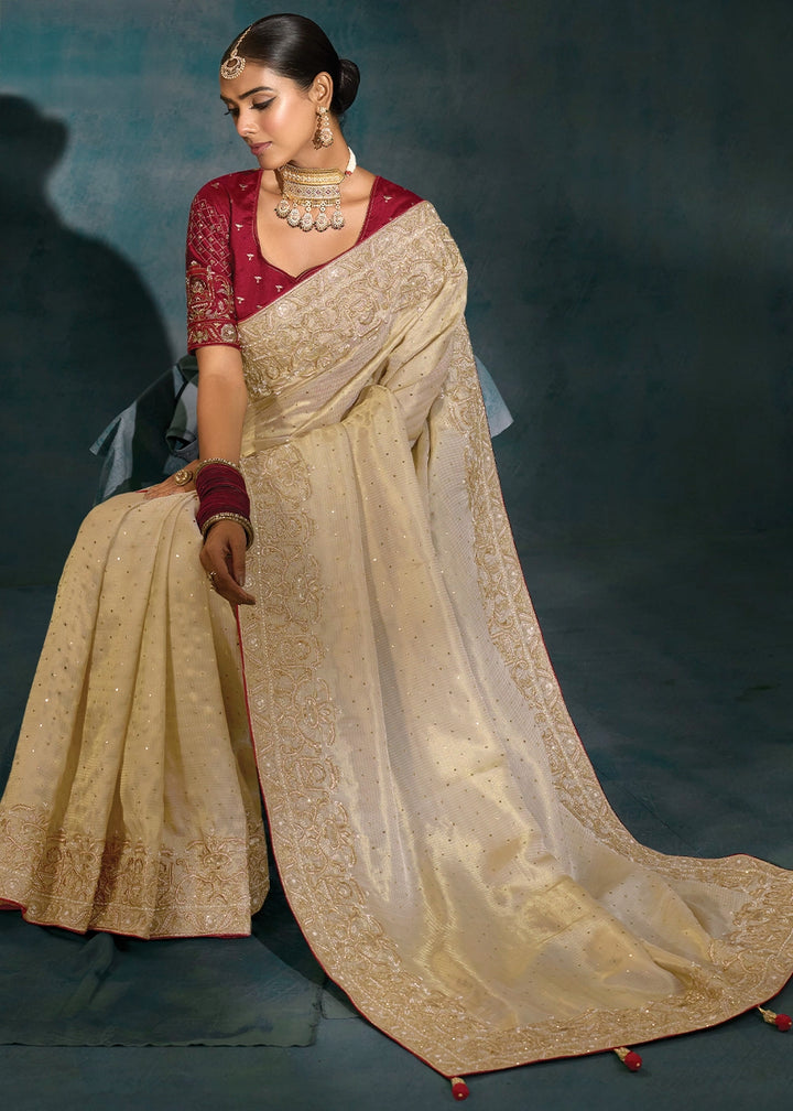 Cream White Banarasi Silk Saree with Jari, Mukesh, Cut Dana & Moti Work