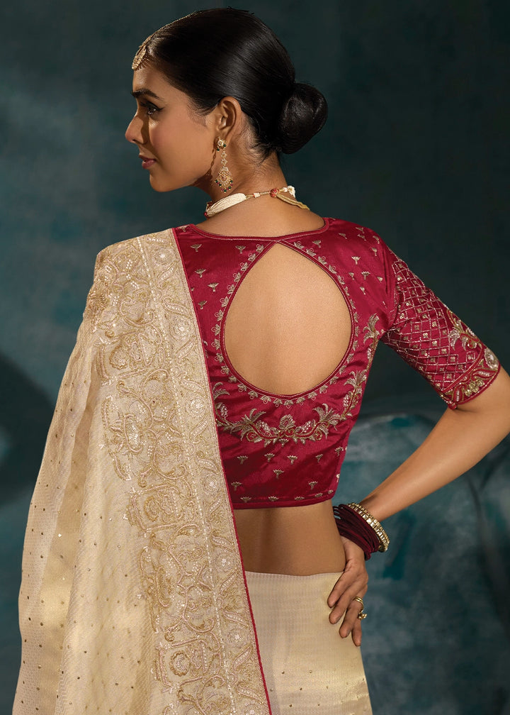 Cream White Banarasi Silk Saree with Jari, Mukesh, Cut Dana & Moti Work