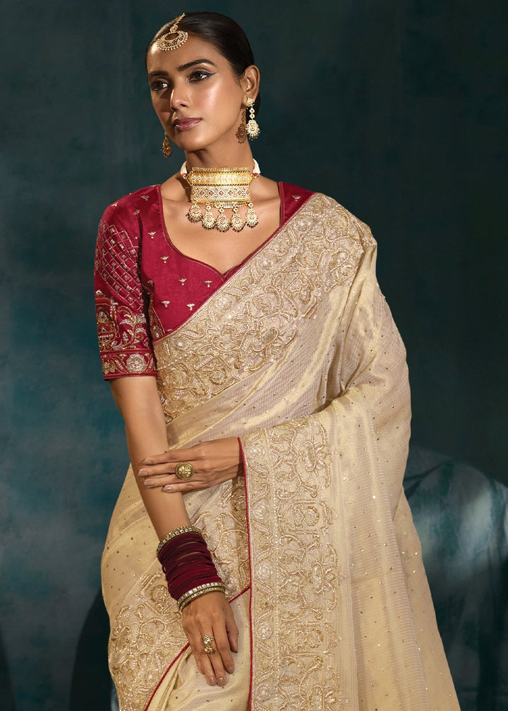 Cream White Banarasi Silk Saree with Jari, Mukesh, Cut Dana & Moti Work