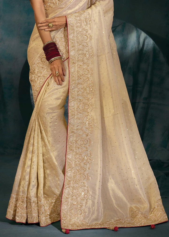 Cream White Banarasi Silk Saree with Jari, Mukesh, Cut Dana & Moti Work