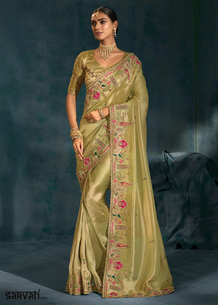 Light Olive Green Banarasi Silk Saree with Jari, Thread, Zarkan & Moti Work