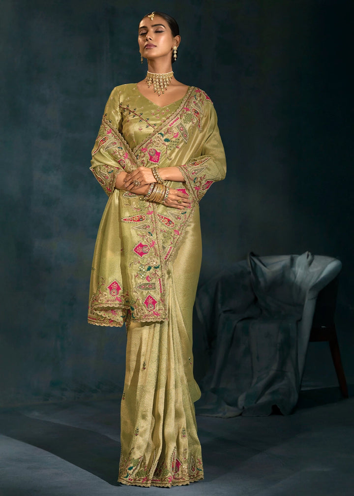 Light Olive Green Banarasi Silk Saree with Jari, Thread, Zarkan & Moti Work