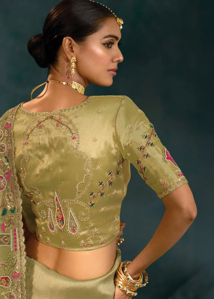 Light Olive Green Banarasi Silk Saree with Jari, Thread, Zarkan & Moti Work