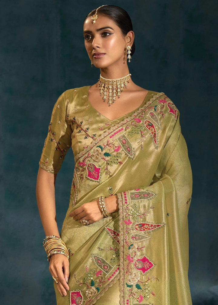 Light Olive Green Banarasi Silk Saree with Jari, Thread, Zarkan & Moti Work