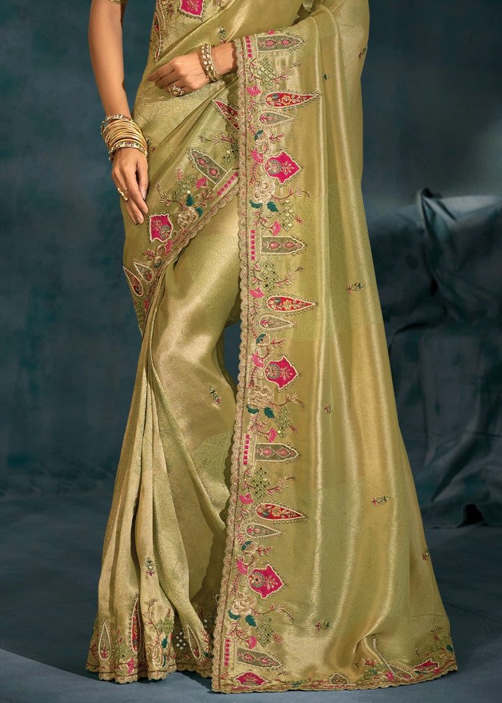 Light Olive Green Banarasi Silk Saree with Jari, Thread, Zarkan & Moti Work