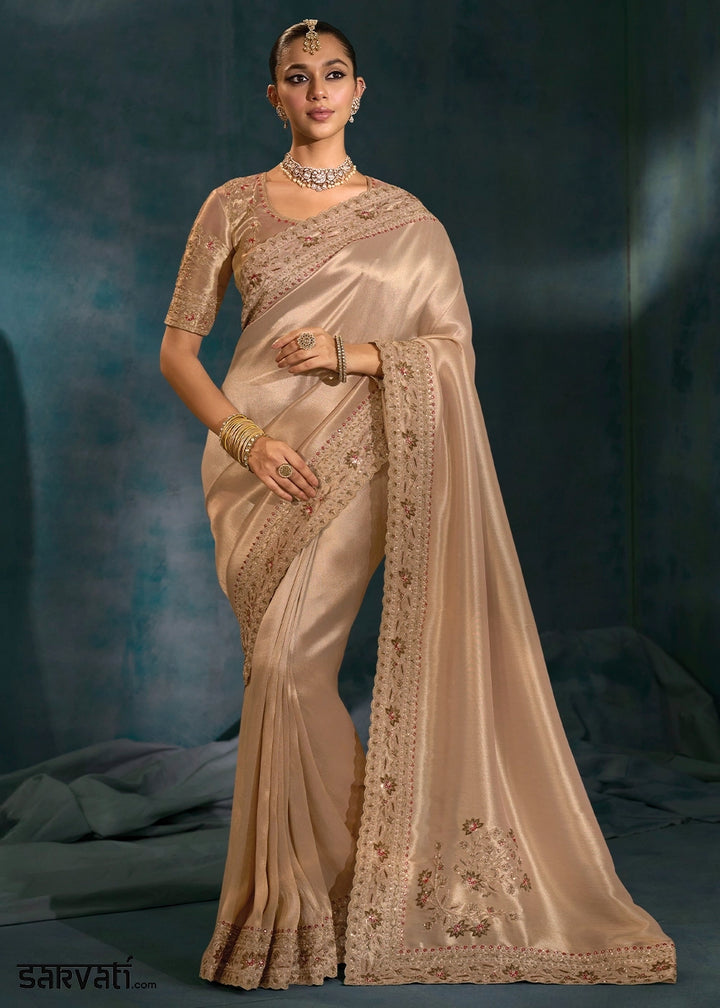 Shades Of Brown Banarasi Silk Saree with Zardosi,Cut-Dana, Mirror & Moti Work