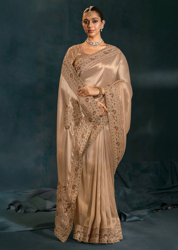 Shades Of Brown Banarasi Silk Saree with Zardosi,Cut-Dana, Mirror & Moti Work