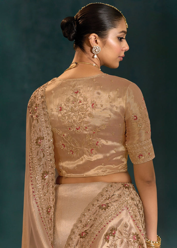 Shades Of Brown Banarasi Silk Saree with Zardosi,Cut-Dana, Mirror & Moti Work