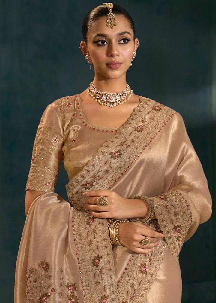 Shades Of Brown Banarasi Silk Saree with Zardosi,Cut-Dana, Mirror & Moti Work