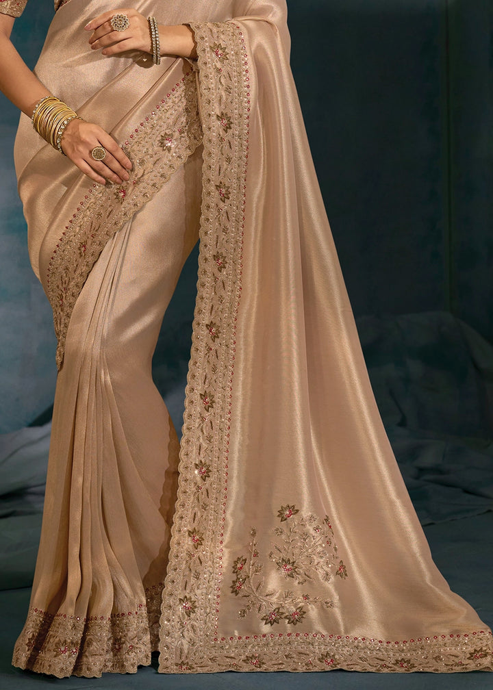 Shades Of Brown Banarasi Silk Saree with Zardosi,Cut-Dana, Mirror & Moti Work