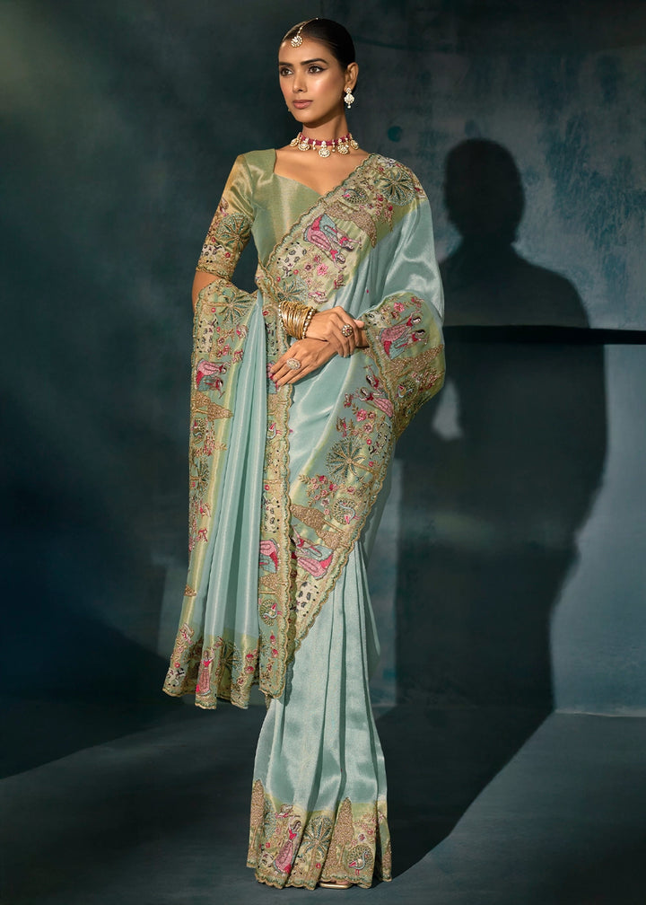 Coral Blue Banarasi Silk Saree with Jari, Thread, Mirror & Moti Work