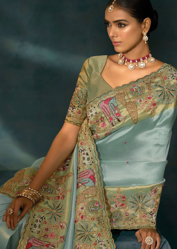 Coral Blue Banarasi Silk Saree with Jari, Thread, Mirror & Moti Work