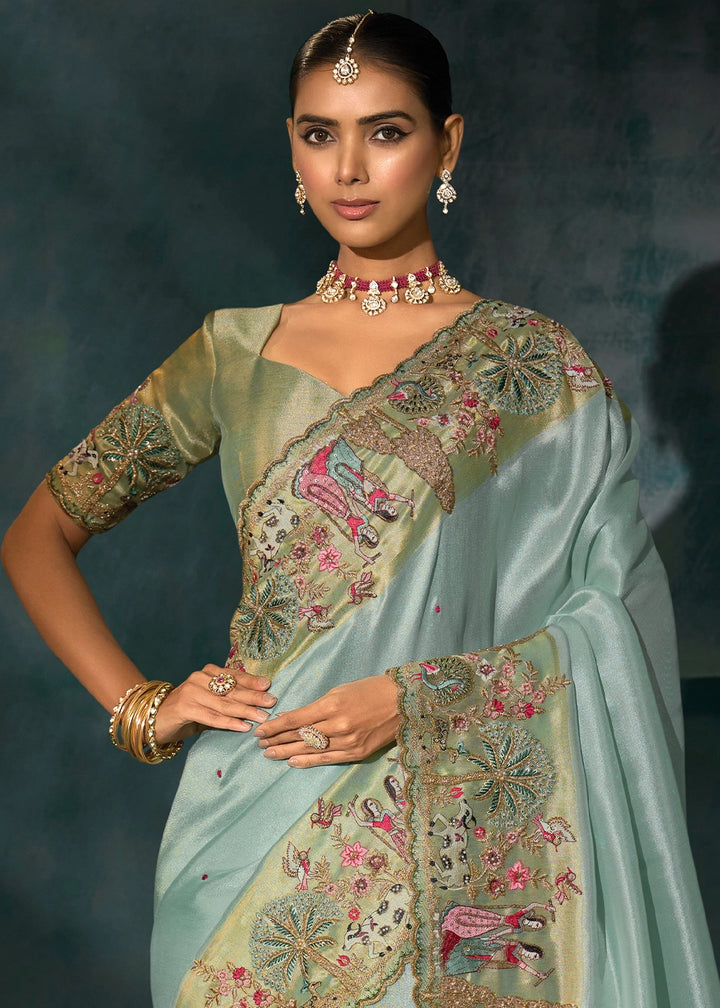 Coral Blue Banarasi Silk Saree with Jari, Thread, Mirror & Moti Work