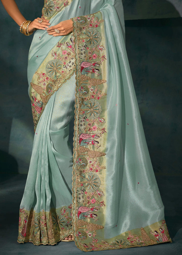 Coral Blue Banarasi Silk Saree with Jari, Thread, Mirror & Moti Work