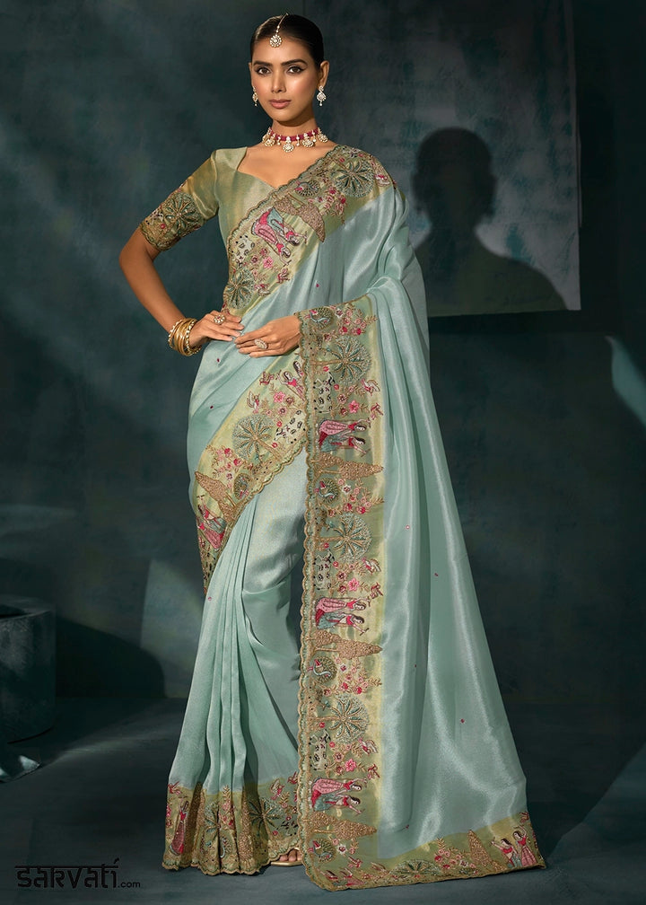 Coral Blue Banarasi Silk Saree with Jari, Thread, Mirror & Moti Work