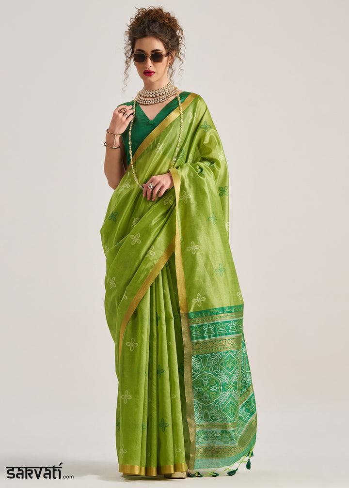 Bright Green Ethnic Patola Silk Saree with Fine Artisanal Weaving