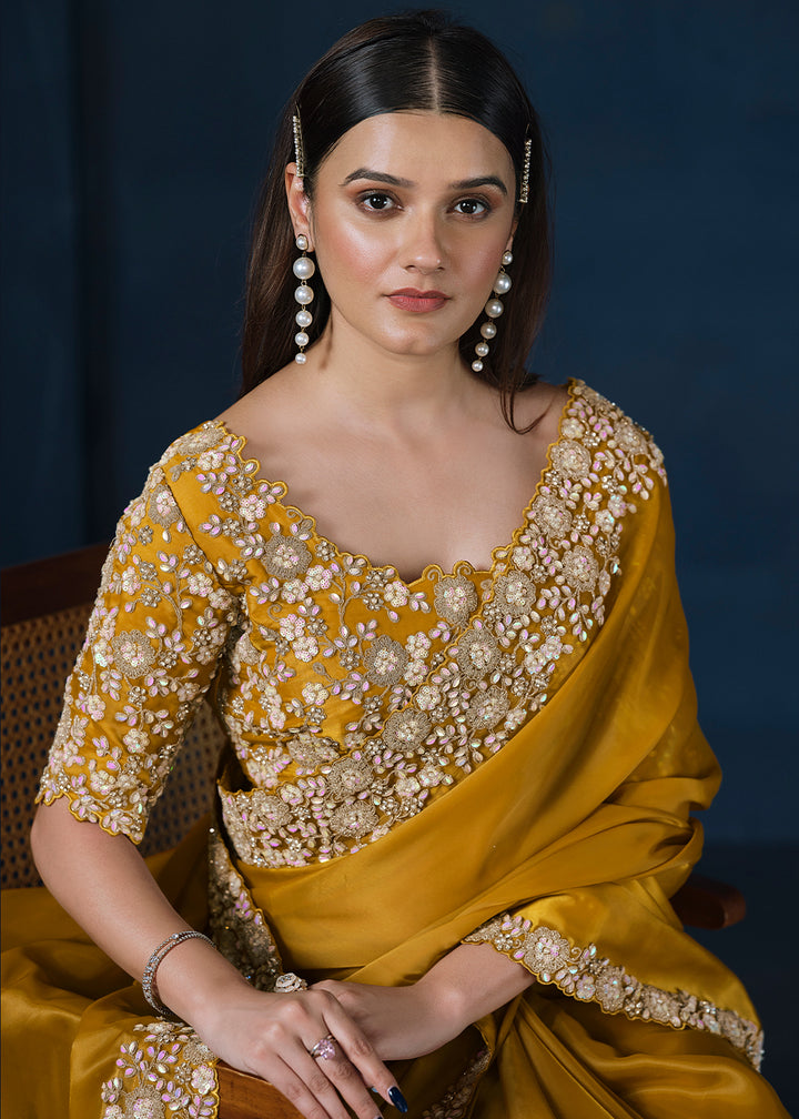 Mustard Yellow Crepe Satin Silk Saree with Elegant Handwork and Diamond Details