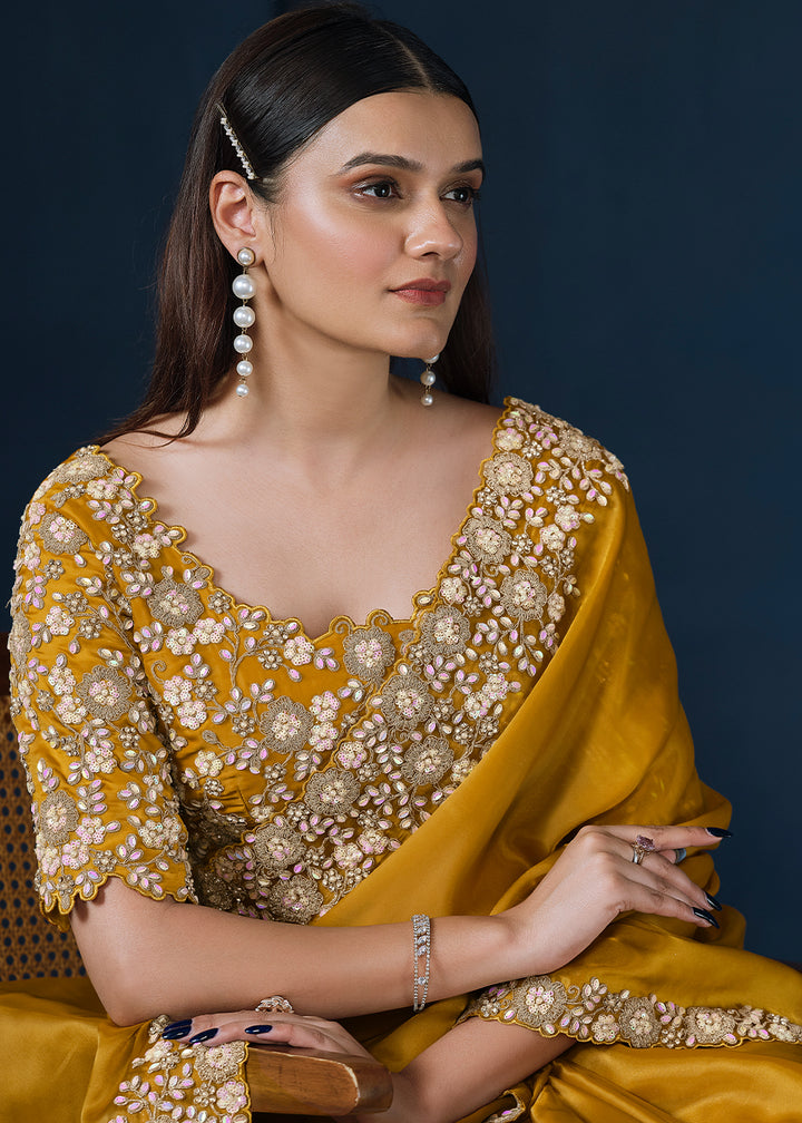 Mustard Yellow Crepe Satin Silk Saree with Elegant Handwork and Diamond Details