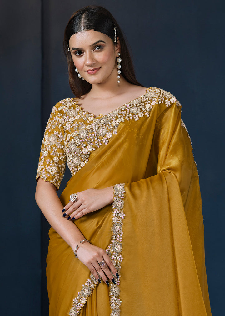 Mustard Yellow Crepe Satin Silk Saree with Elegant Handwork and Diamond Details