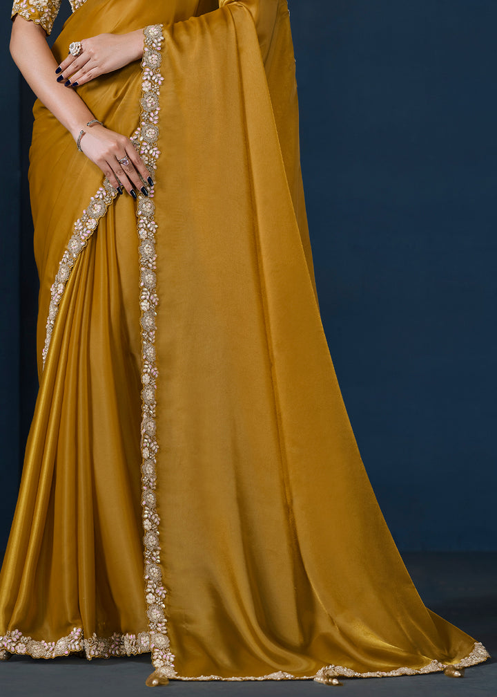 Mustard Yellow Crepe Satin Silk Saree with Elegant Handwork and Diamond Details