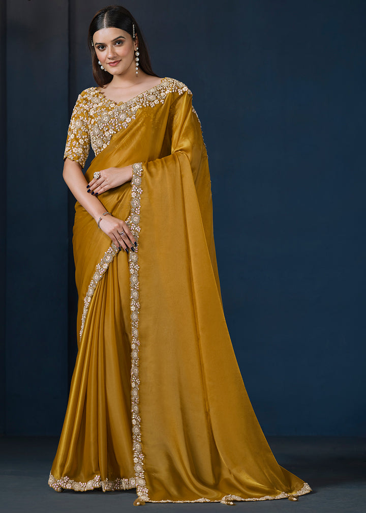 Mustard Yellow Crepe Satin Silk Saree with Elegant Handwork and Diamond Details