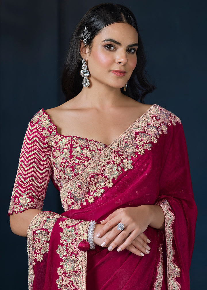 Ruby Pink Satin Silk Saree with Elegant Handwork and Sequins Details
